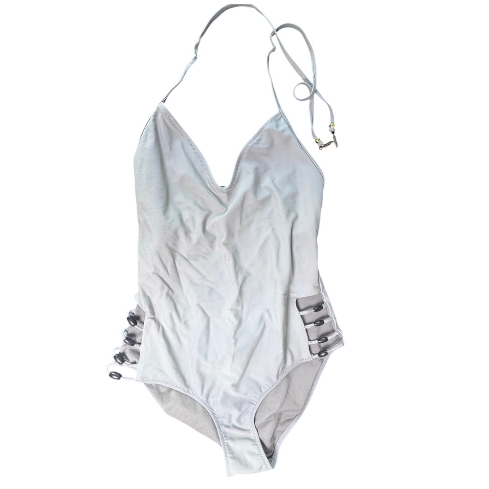 Jessica Simpson Women Taupe Beaded Side Cutout Strappy Back One Piece Swimsuit M